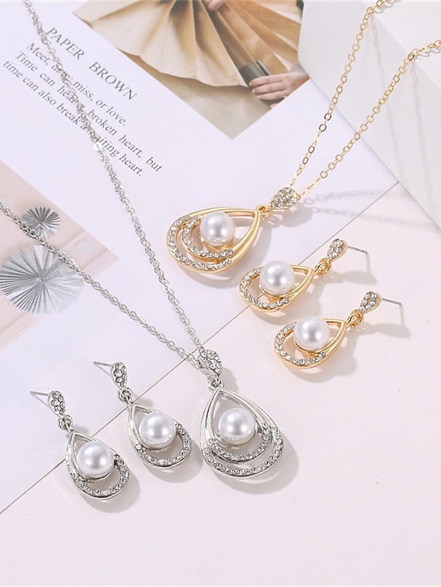 1set(1pcs Necklace1pair Earrings) Shiny Luxury Imitation Pearl Rhinestone Alloy Jewelry Set For Women's Party Evening Gift Daily