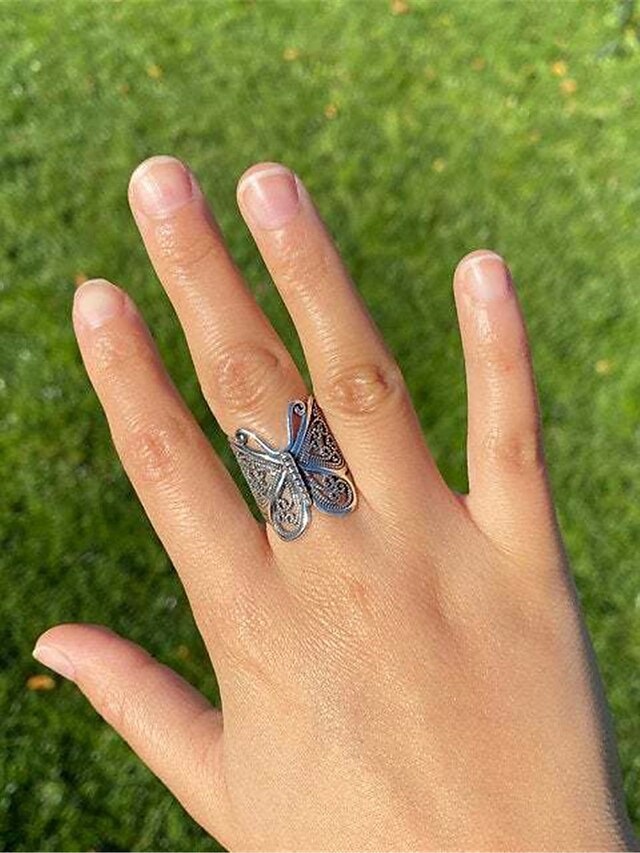 Women's Rings Filigree Butterfly Jewelry Fashion All-Match Opening Adjustable Ring (Silver) Retro Carved Big Trendy Wrap-Around Butterfly Rings Jewelry
